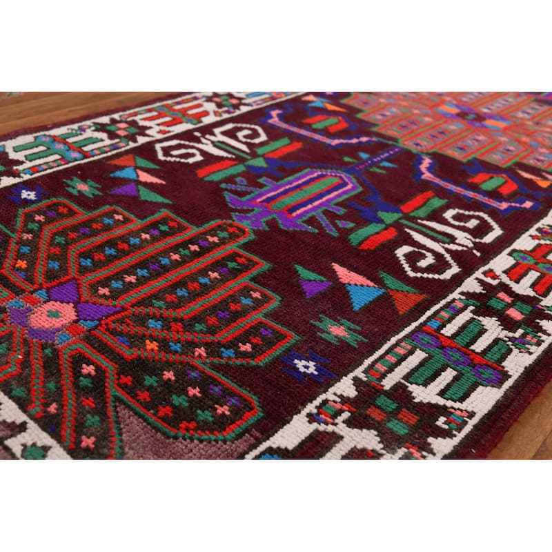 Wine Red Tribal Anatolian Turkish Runner Rug Hand-Knotted Wool Carpet - 3'7"x 14'1"