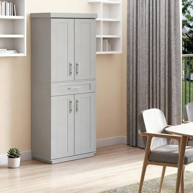 Freestanding Wood Buffet with Hutch, 4 Door Pantry Storage Cabinet, Microwave Stand with Drawer and Adjustable Shelves