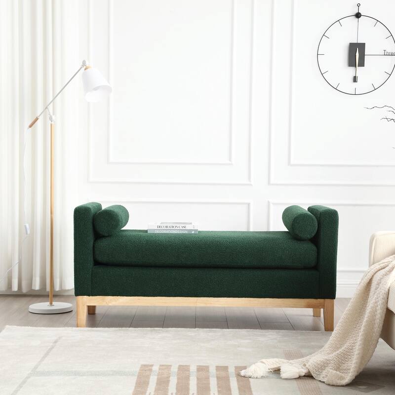 Elegant 53.5" Upholstered Ottoman Bench with Wood Legs & Bolster Pillows - Green