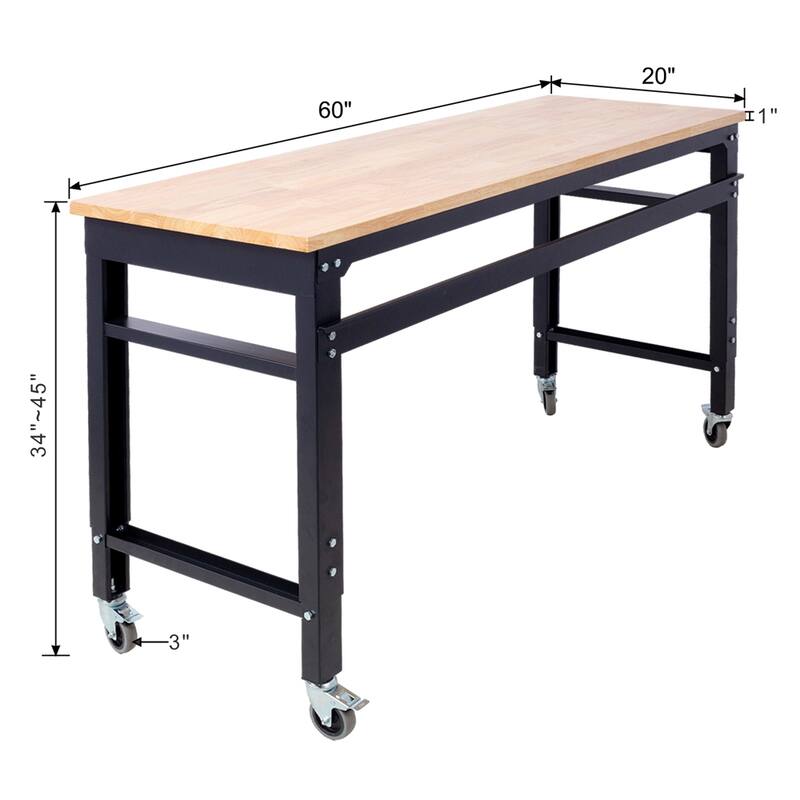 60" Adjustable Height Metal Rolling Workbenches with Wood Top