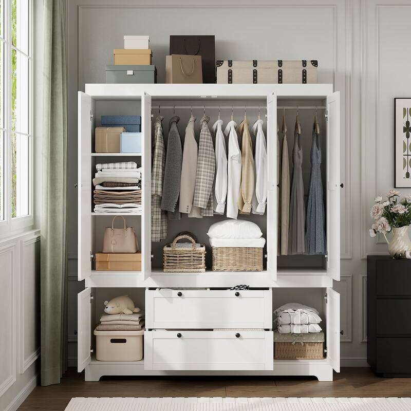 Gyomojoy Large White Wardrobe Closet with Drawers & Doors, Modular Armoire with Hanging Rods, Apartment & Dorm Storage