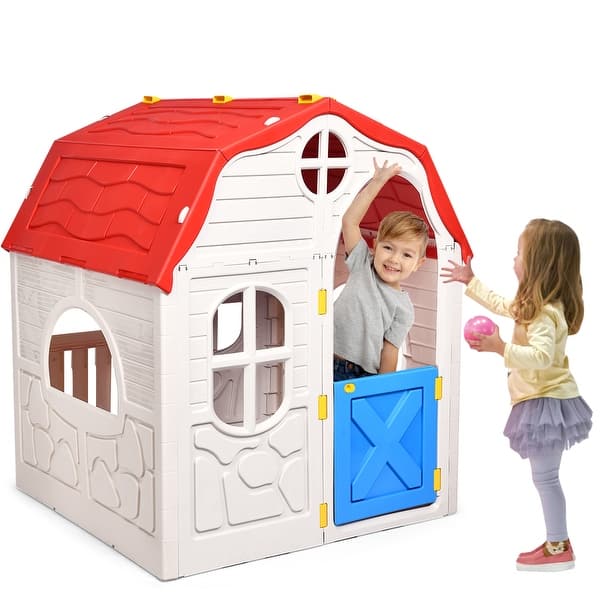 slide 1 of 12, Costway Kids Cottage Playhouse Foldable Plastic Play House Indoor - White, Red & Blue DIY Kits - 5-7 Years