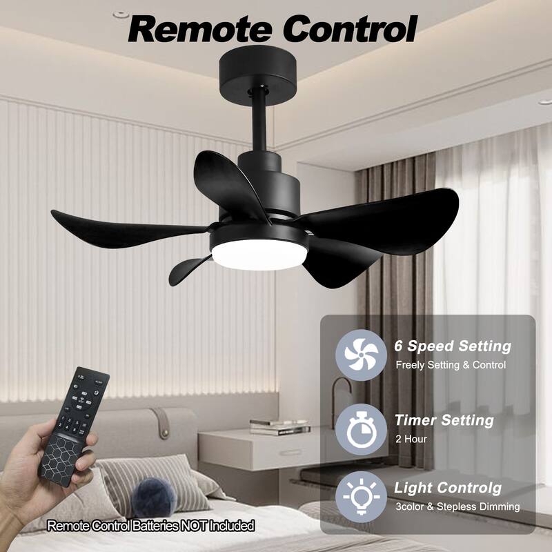 28 Inch Small Ceiling Fan with Lights Remote, 5 Blade Propeller Smart Ceiling Fan, 6 Speeds 3 Colors for Bedroom Kitchen - Black