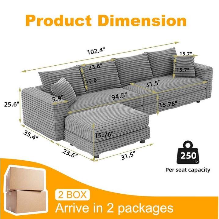 102.4 " Corduroy Modular Sofa, Modern Upholstered Sofa Cloud Couch, Deep Seat Couches w/ Pillows, Movable Ottoman for Apartment