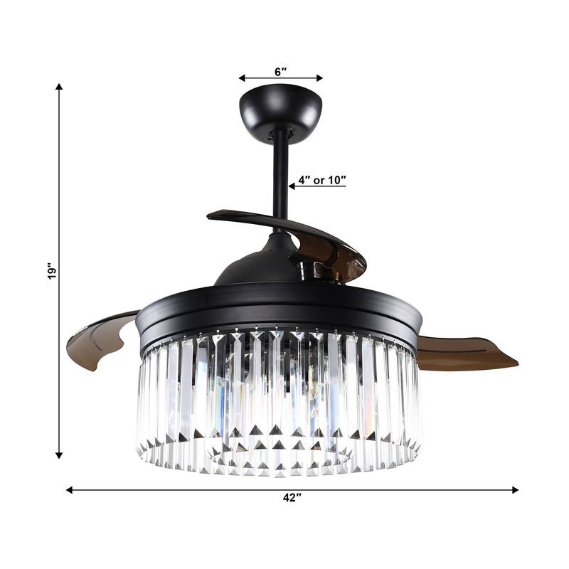 Modern 3-Blade 6-Light Matte Black Retractable Crystal Ceiling Fan with Remote and Light Kit - 42-in D