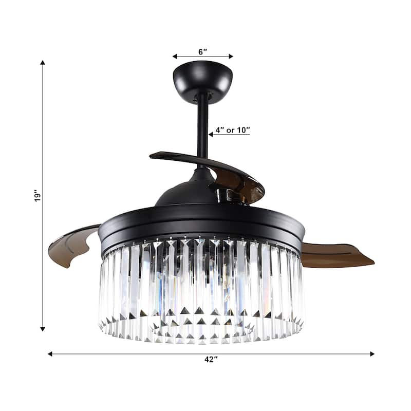Modern 42" Black Crystal Retractable Ceiling Fan with Light Kit and Remote Control - 42 inches D x 14.5 inches H