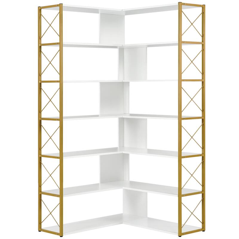 7-Tier Bookcase Home Office Bookshelf, L-Shaped Corner Bookcase with Metal Frame, MDF Board - 37.4*37.4*709
