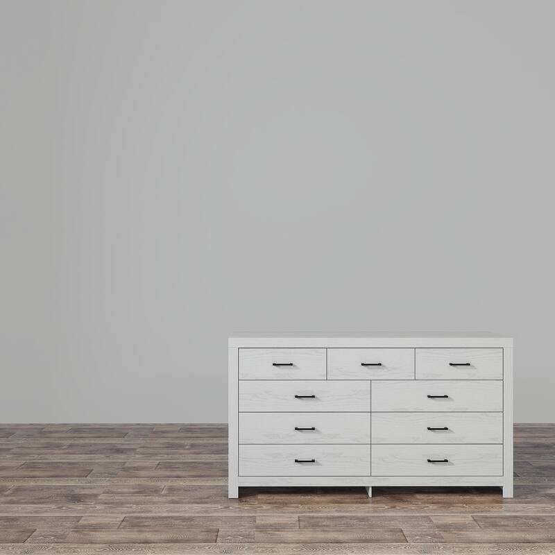 63" White 9 Drawer Dresser for Bedroom, Modern Wide Wood Storage Dresser with Metal Handles
