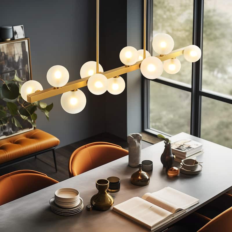 12-Light Modern Brushed Gold Linear Gluster Glass Kitchen Island Pendant Sputnik Frosted Opal Glass Globe Bubble Chandelier
