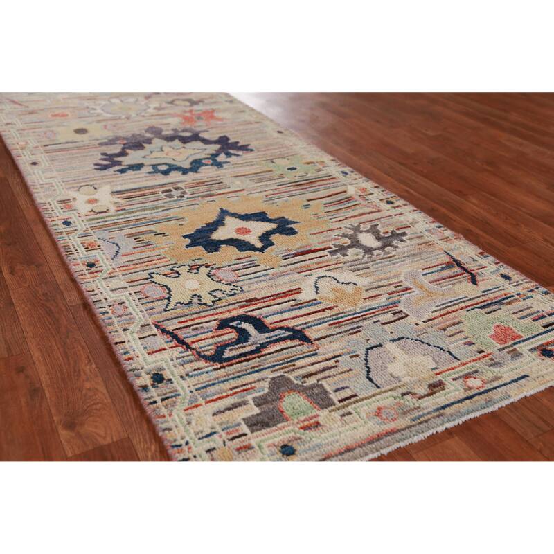 Hand Knotted Oriental 100% Wool Carpet Transitional Floral Multi-Colored Oushak Runner Rug - 9' 2'' X 2' 8''