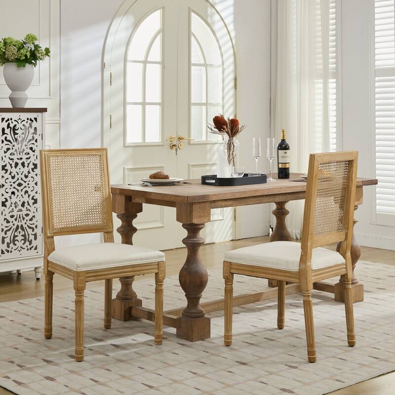 Modern 2 Piece Linen Dining Chairs with Square Rattan Backrest, Upholstered for Dining Room Kitchen Dressing Table Living Room