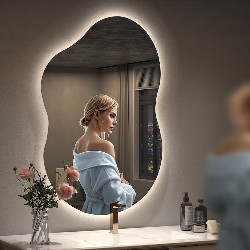 KIOTEE Frameless Irregular LED Anti-Fog Bathroom Vanity Mirror, Asymmetrical Backlit Wall Mirror