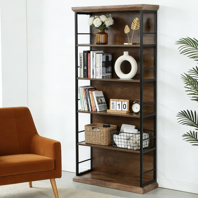 70.86" H 5-Tier Modern Bookcase | Wood & Metal Storage Shelf for Living Room & Office