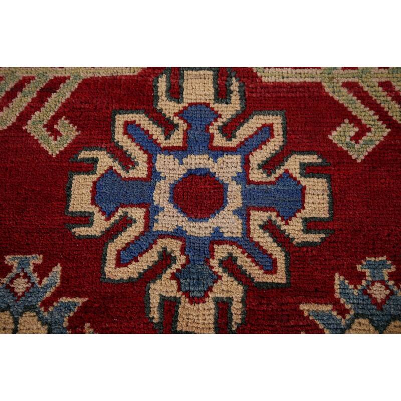 Red Geometric Kazak Foyer Rug Handmade Traditional Wool Carpet - 3'5" x 4'11"