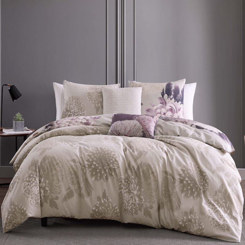Bebejan Dahlia Purple 100% Cotton Sateen 5 Piece Reversible Comforter Set