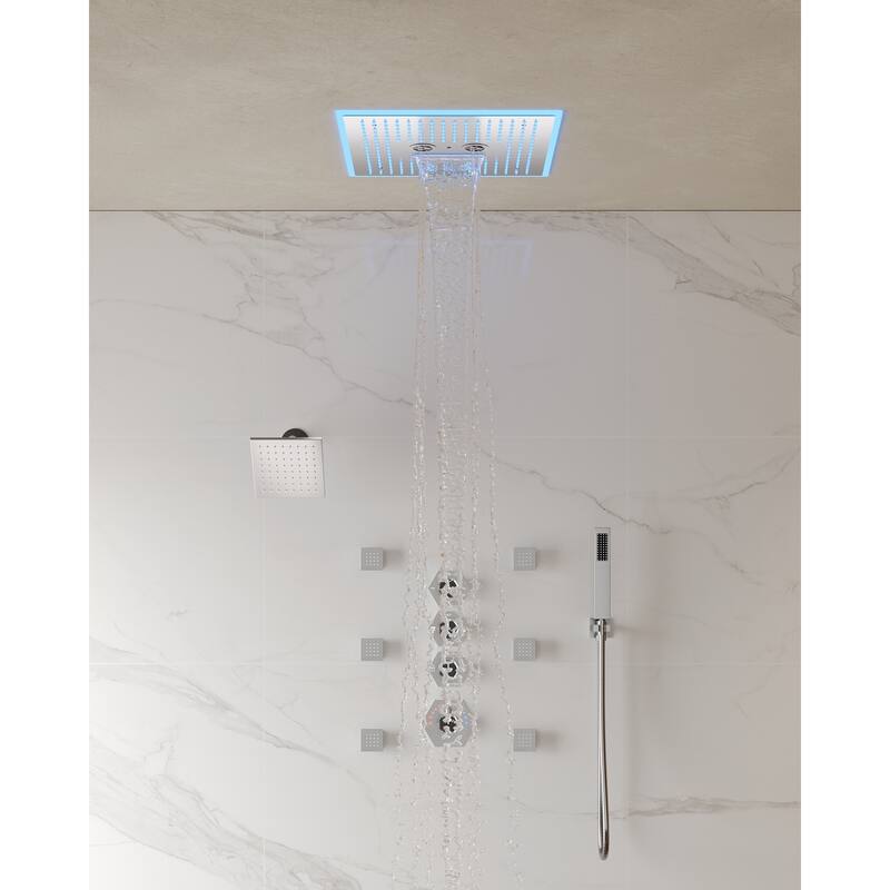 Shower Faucet Set Dual Heads with 3 Spray Modes 16" Ceiling and 6" Wall Mount Body Jets Handheld Spray LED Music