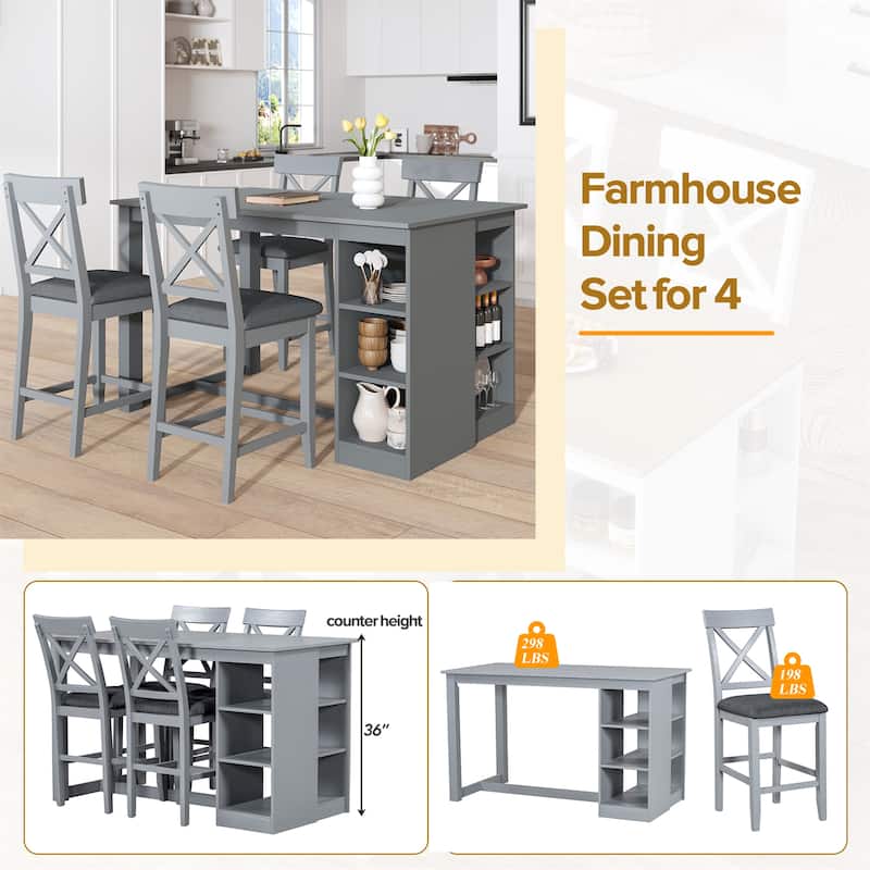 5-Piece 60"Lx30"W Solid Wood Farmhouse Counter Height Dining Table Set for 4