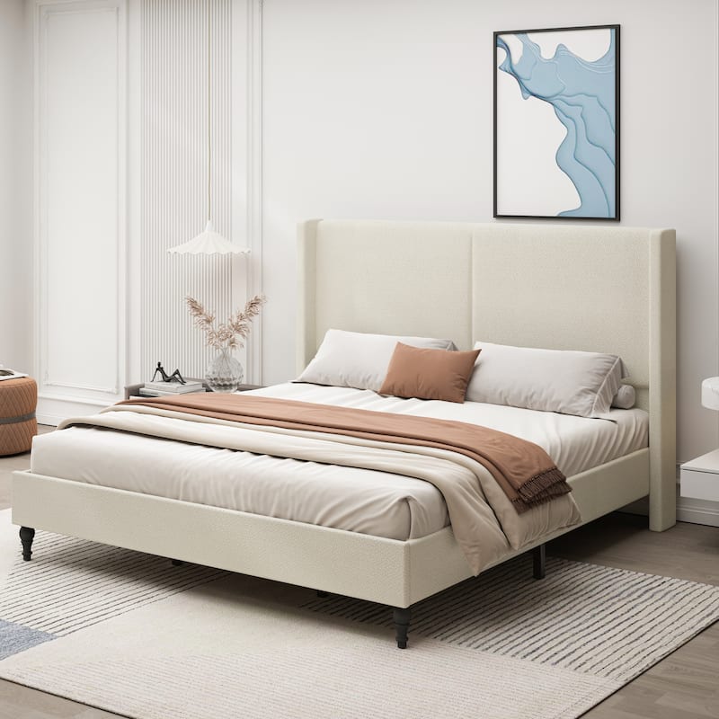 GDFStudio - Jane 55.5" High Back Upholstered Headboard Bed Frame with Slat Support and Solid Wood Feet - Beige - King