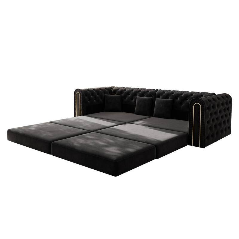 Homy Casa 90.6" 3-in-1 Convertible Sleeper Sofa with Button Tufted & Gold Trim, Movable Ottoman
