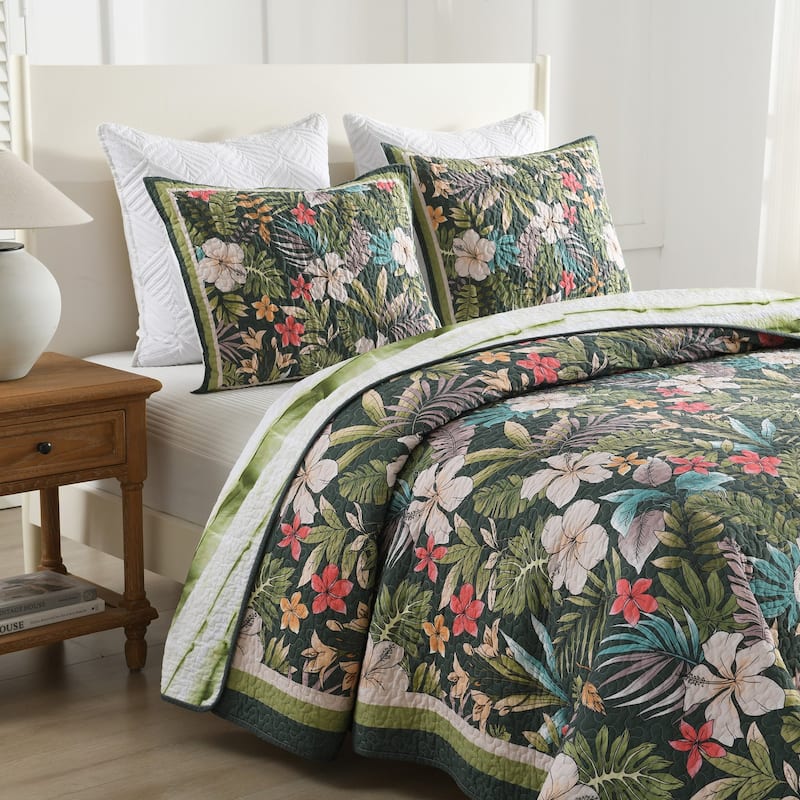 3 Pcs Tropical Leaf and Flower Quilt Bedspread Set