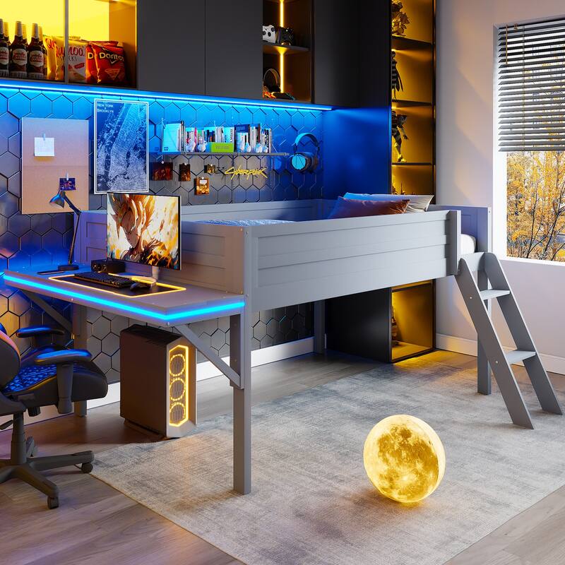 Twin Loft Gaming Bed with Built-In Desk and Storage, Wooden Frame with LED Lights - Grey