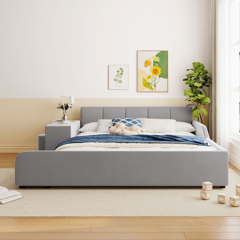 Queen Size Velvet Upholstered Platform Bed w/ Bedside Desk & Stool, Mother & Child Platform Bed Frame w/ Footboard & Guardrail