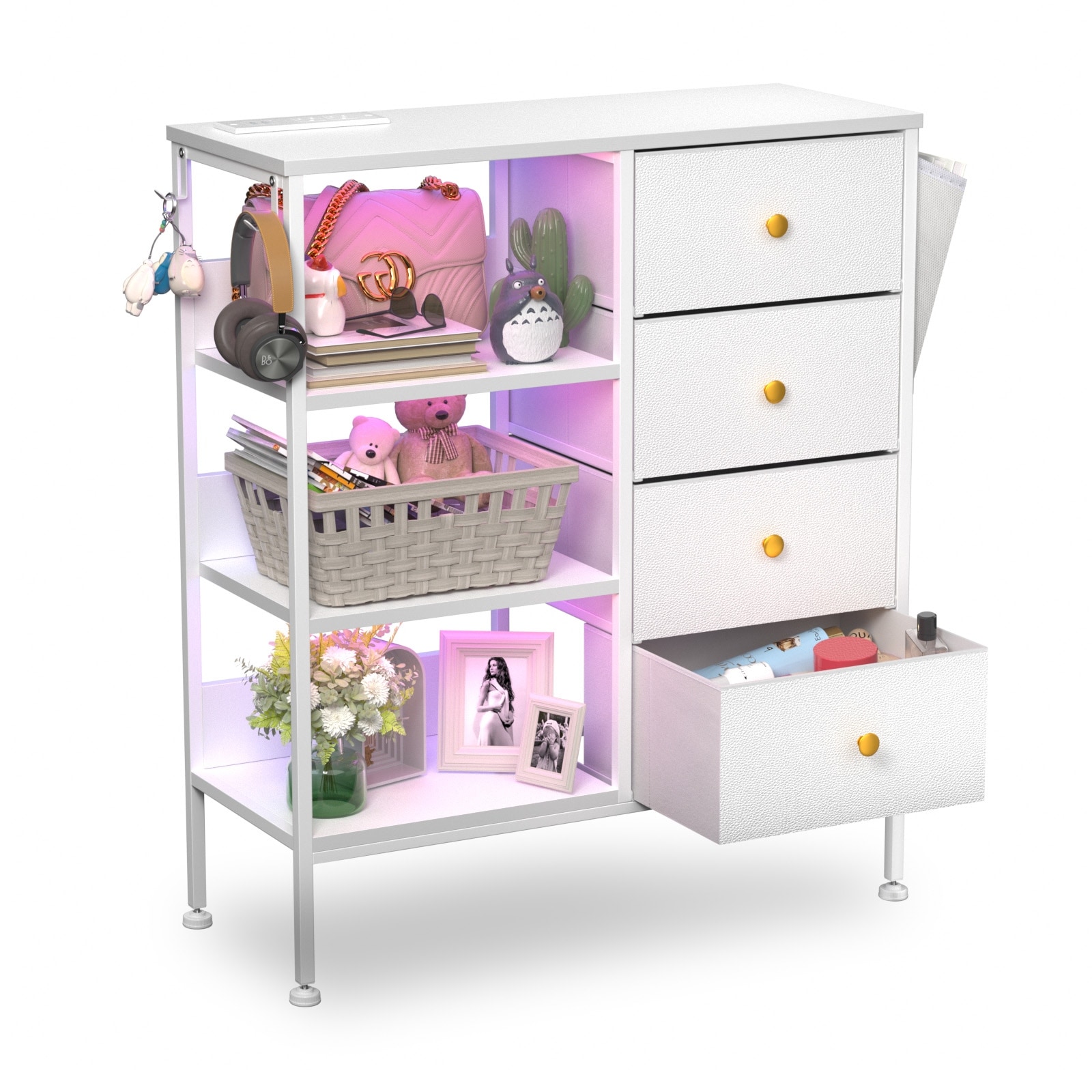 LED White Fabric Dresser 4 Drawer Organizer Unit with 3 Shelves and Charging Station Rustic Brown
