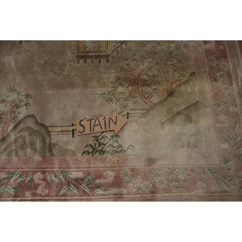 Hand Knotted Oriental Silk Carpet Traditional Pictorial Brown Art Deco Area Rug - 9' 2'' X 6' 0''