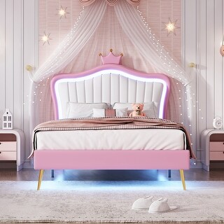 Crown Stripe Headboard Platform Bed Frame, PU Upholstered Princess Bed with Remote Control LED Lights, Wood Slat Panel Bed