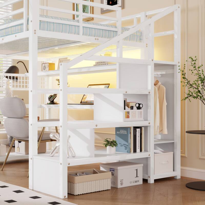 Full Size Metal Loft Bed with Staircase and Wardrobe, Loft Bed Frame with Desk, Storage Shelves, LED Lights and Charge Station