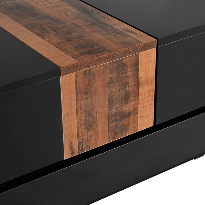 Roomfitters Modern Square Coffee Table with Sliding Top, High Gloss Center Table with Hidden Storage for Living Room, Black