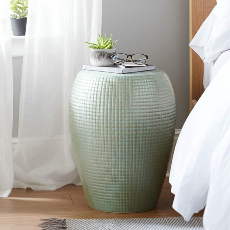 Ceramic Garden Stool Raised-Grid Texture for Home Use - 19" Green