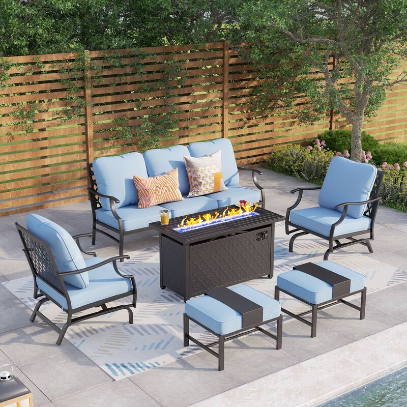 MAISON ARTS Outdoor Sofa Set 4/6-Piece Patio Conversation Set with 45'' Gas Fire Pit Table - Set 6 - Blue