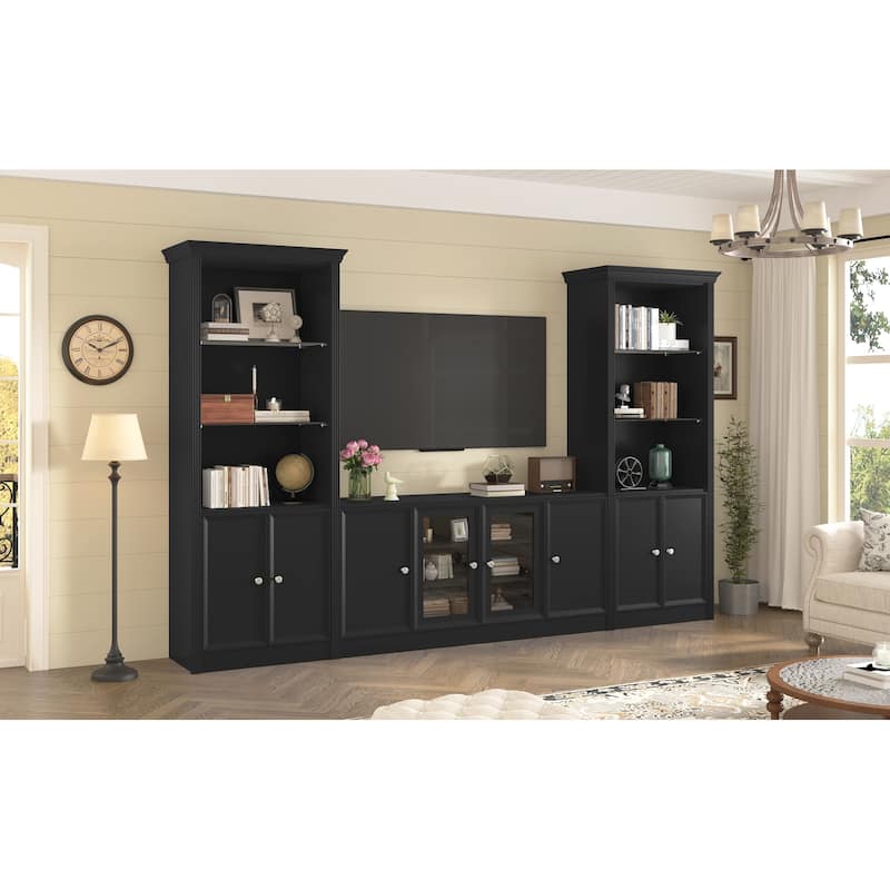 128" Wall Unit Entertainment Center with Bookshelves, Wood Media Console TV Storage Cabinets with Glass Doors for TVs up to 80"