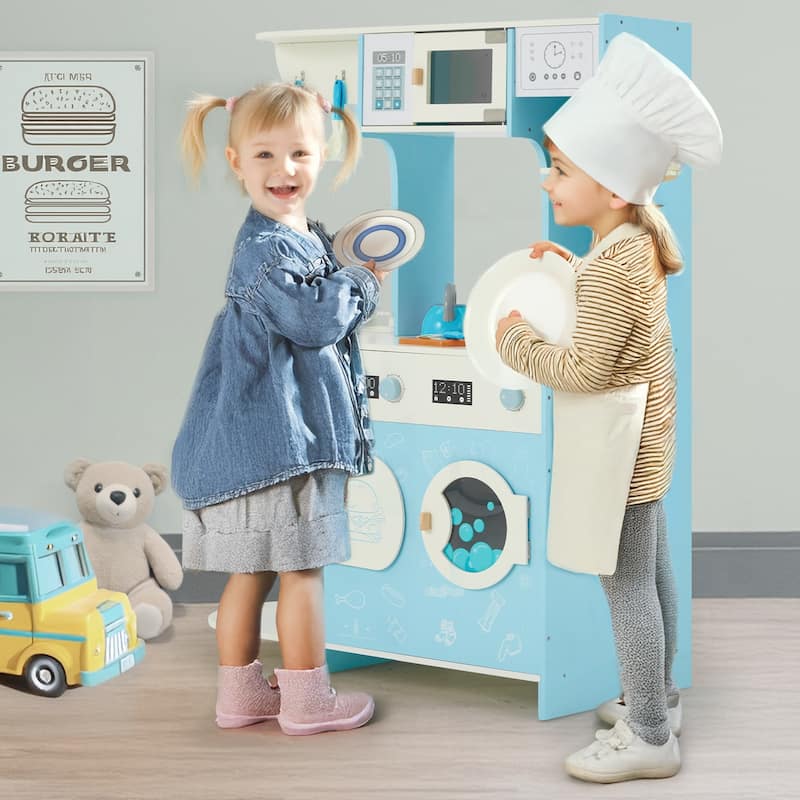 Wooden Play Kitchen Set for Kids, Pretend Cooking Toy, Interactive Kitchen Playset - Blue