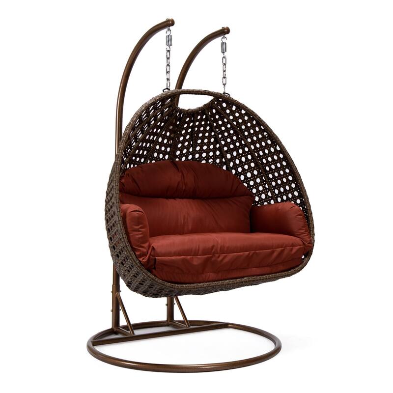 LeisureMod Mendoza Dark Brown 2 Seater Wicker Patio Hanging Double Swing Chair for Patio Porch Backyard Garden - 53"