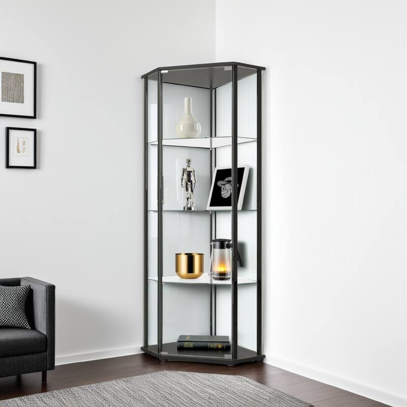 Metal Curio Cabinet with 1 Door and 3 Glass Shelves, Black