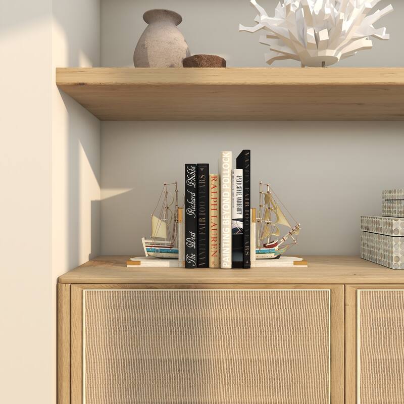 White Wood Sail Boat Decorative Bookends with Real Boat Rigging and Gold Corners (Set of 2)