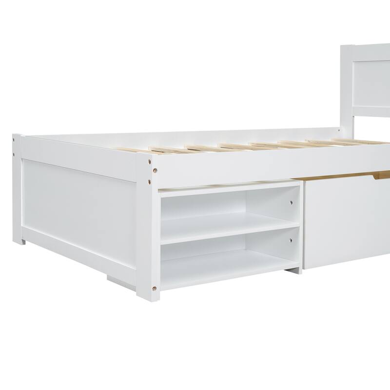Twin Size Modern Platform Bed with Drawer and Two Storage Shelves
