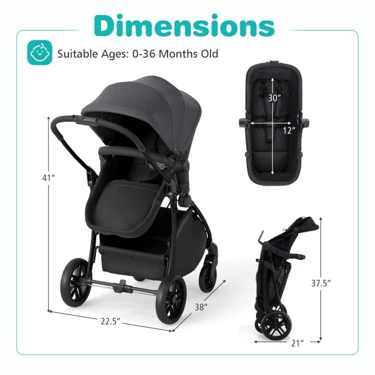 2 in 1 Metal Polyester Foldable Kids Stroller with Adjustable Seat - 38" × 22.5" × 41"