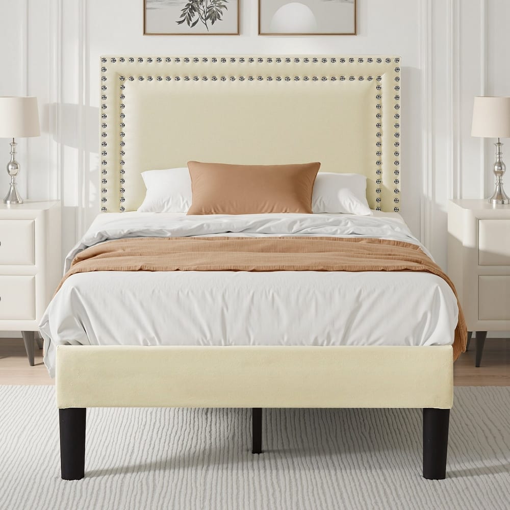 VECELO Upholstered Bed Frames with Height Adjustable Headboard