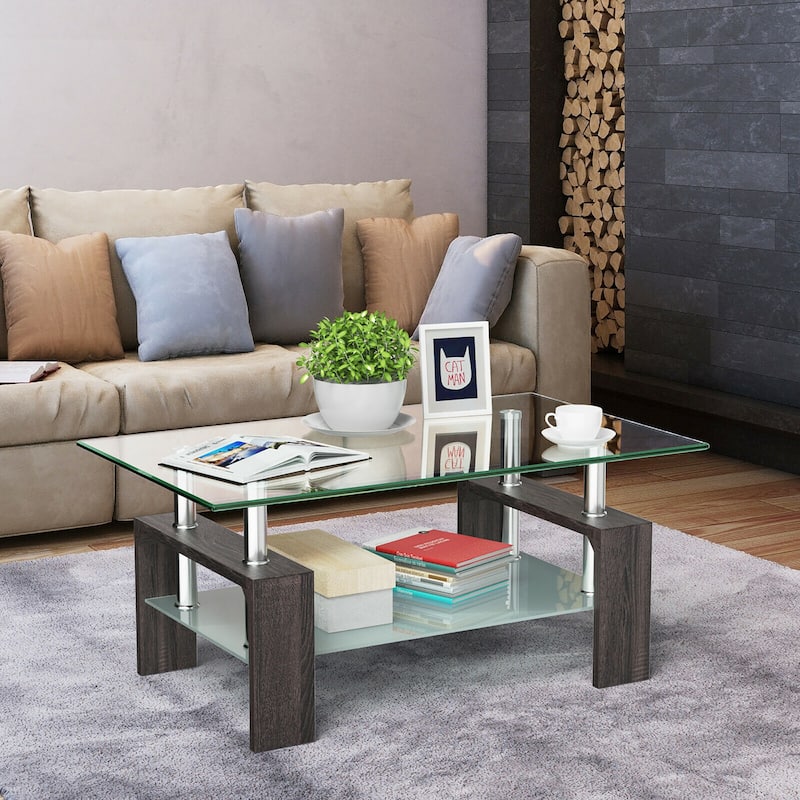 Costway Black Rectangular Tempered Glass Coffee Table w/Shelf Wood
