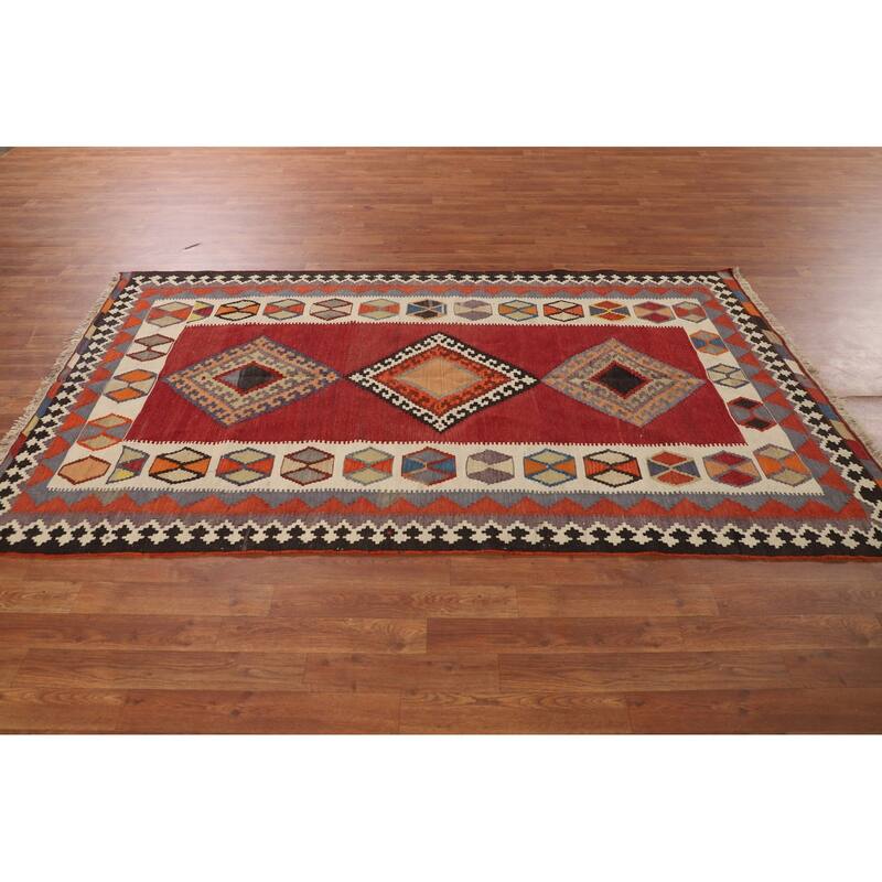 Kilim Qashqai Persian Vintage Rug Flatweave Tribal Red Wool Carpet - 4'5"x 8'1"
