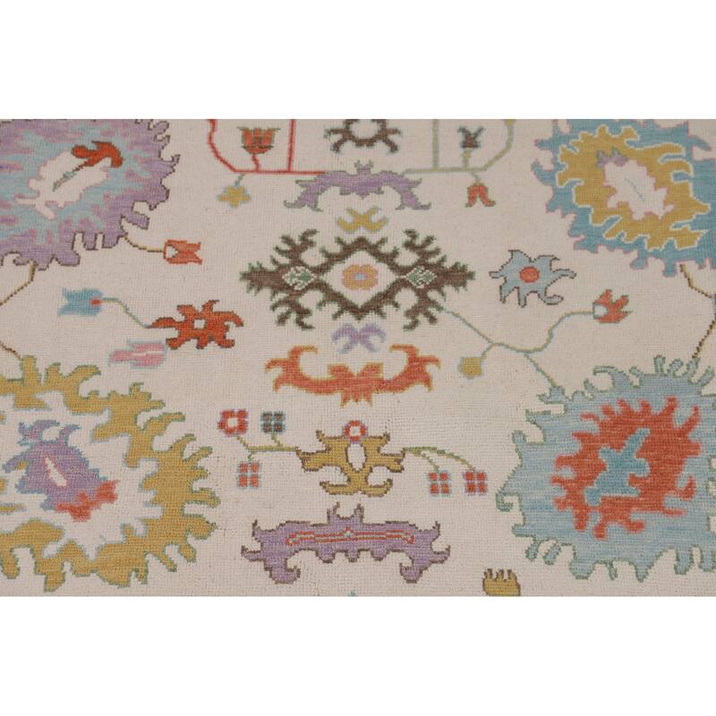 Beige Transitional Floral Oushak Area Rug Hand-Knotted Wool Carpet - 8'9" x 12'0"