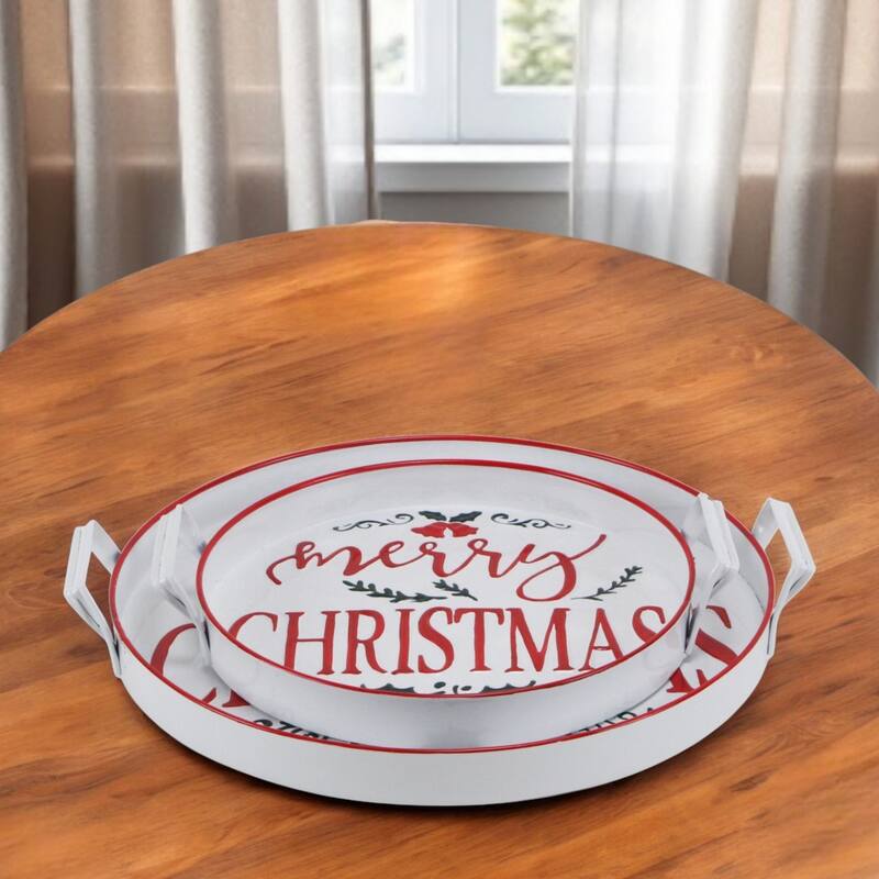 HomeRoots Set of Two White Round Metal Christmas Handmade Serving Tray With Handles - 17.75 in. x 2.50 in. x 16.00 in. - White - 17.75 in. x 2.50 in.  x 16.00 in.