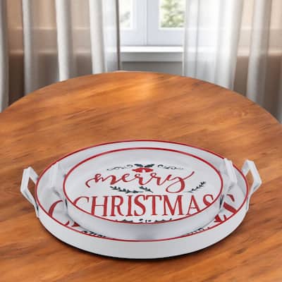 HomeRoots Set of Two White Round Metal Christmas Handmade Serving Tray With Handles - 17.75 in. x 2.50 in. x 16.00 in.