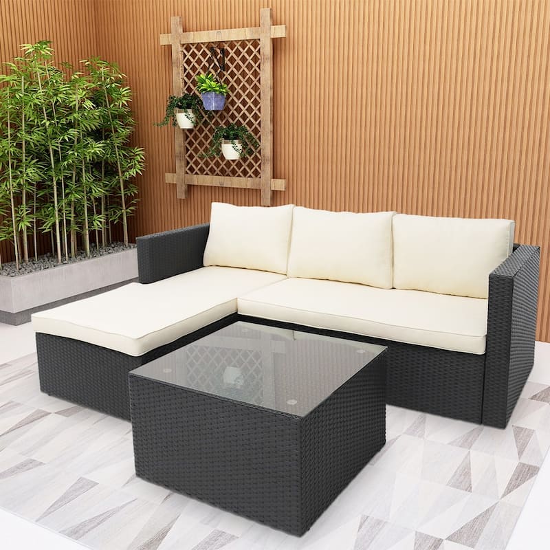 Maypex 3 Piece Wicker Sectional Conversation Set with Cushions Grey