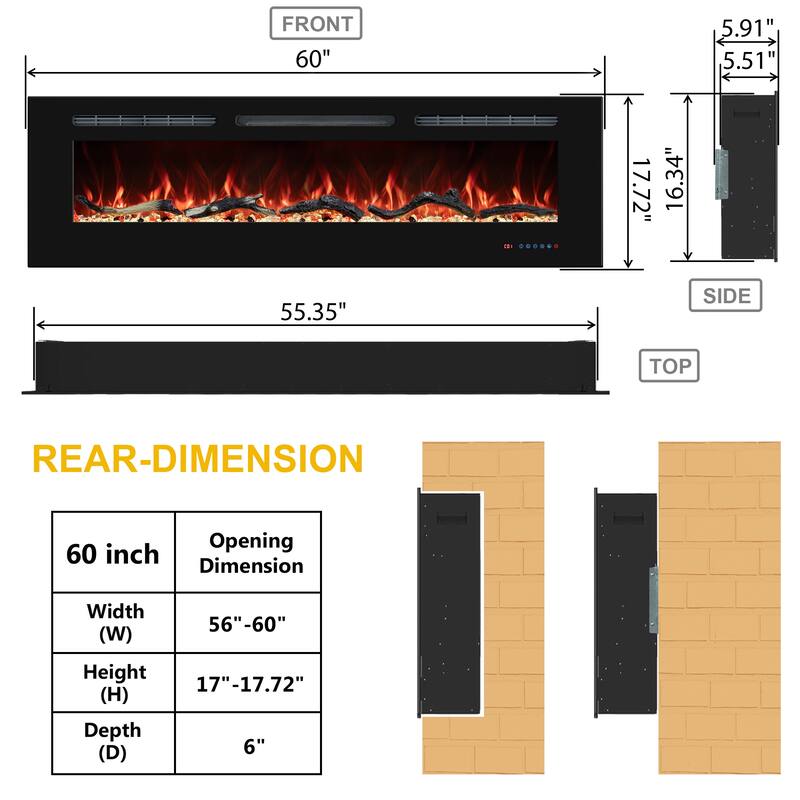 Electric Fireplace Inserts, Wall Mounted with 13 Flame Colors, Thermostat in Black