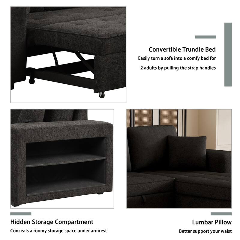 Black 104.5" Charcoal L-Shaped 3-Seat Convertible Sofa with Pull-Out Bed, Storage Chaise, and 2 Stools for Living Room