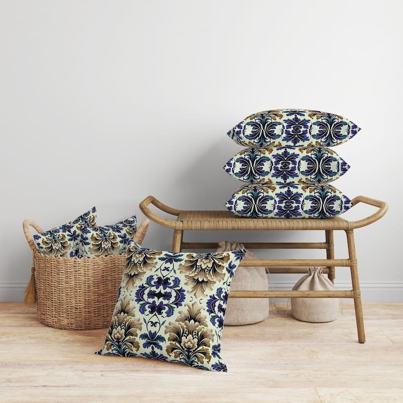 Damask Rapture Faux Suede Reversible Throw Pillow Blue and Beige